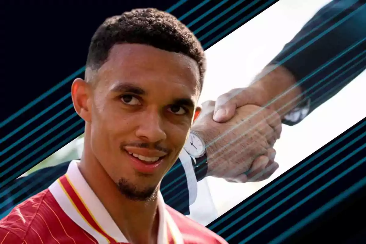 Un hombre sonriente con una camisa deportiva y un apretón de manos en el fondo.