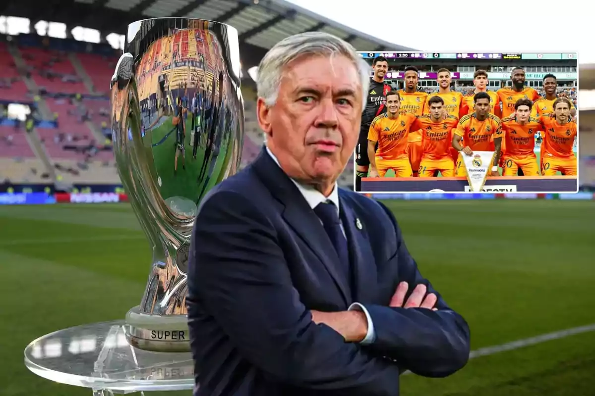 Un hombre de traje con los brazos cruzados frente a un trofeo de fútbol, con un estadio de fondo y una imagen insertada de un equipo de fútbol posando.