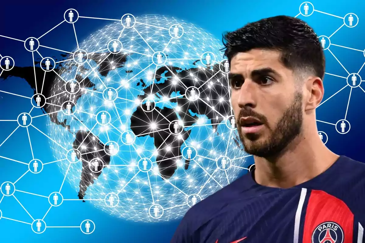 Un jugador de fútbol con la camiseta del Paris Saint-Germain aparece en primer plano, mientras que en el fondo se muestra un mapa del mundo con una red de conexiones y figuras humanas interconectadas.