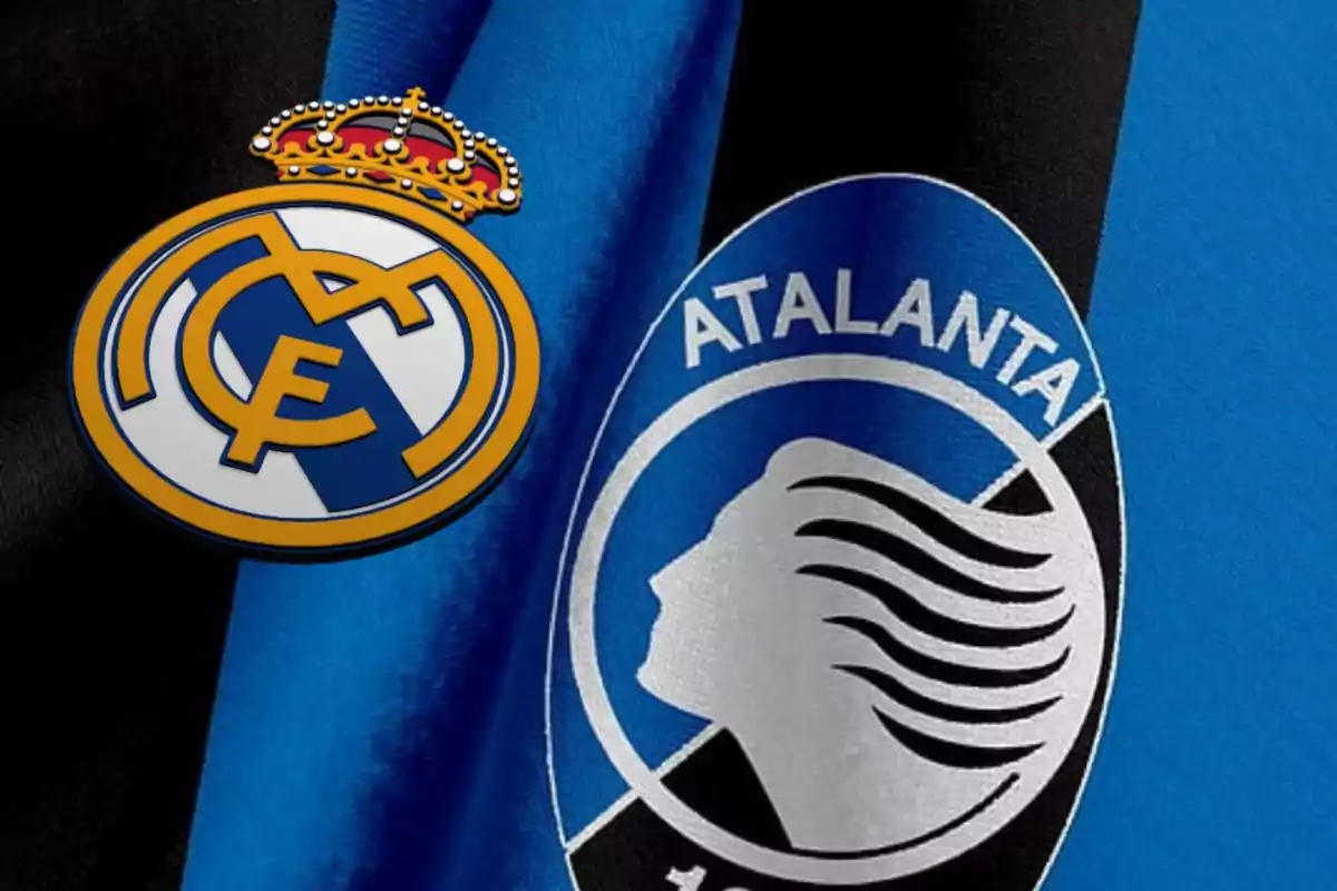 Escudos de los equipos de fútbol Real Madrid y Atalanta sobre un fondo azul y negro.