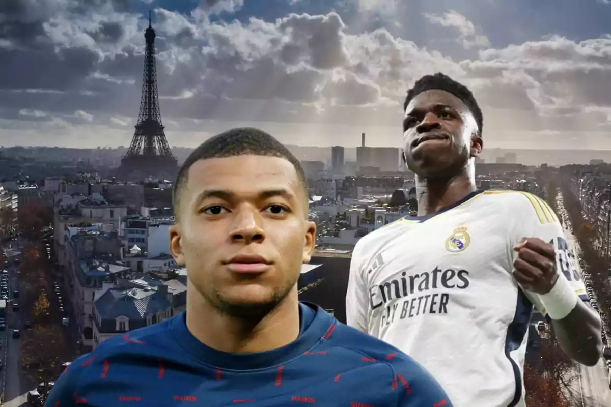 Kylian Mbappé con la camiseta del PSG, detrás Vinicius Jr con la camiseta del Real Madrid y de fondo el paisaje de París con la torre Eiffel