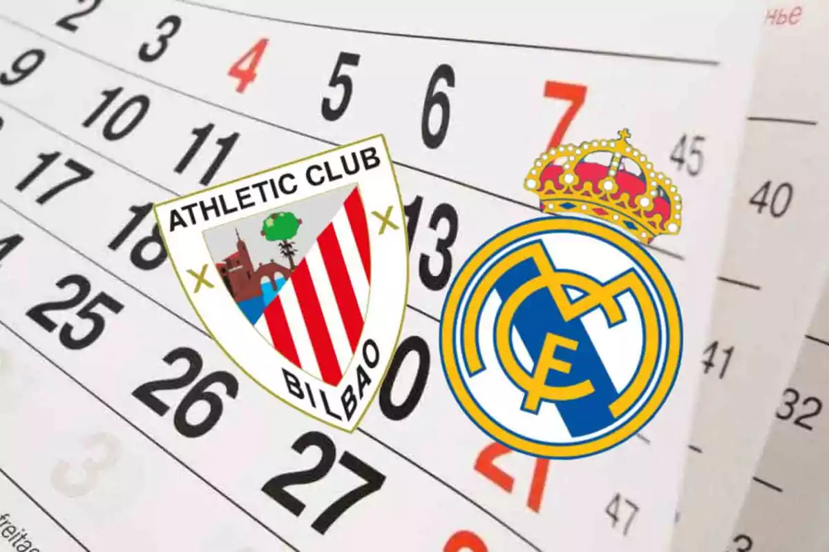 Escudos de Athletic Club y Real Madrid sobre un calendario.