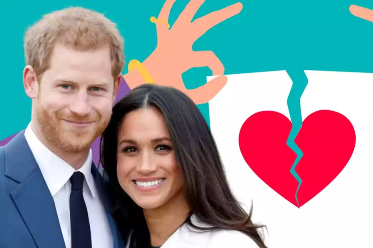 Una pareja sonriente frente a un fondo con un corazón roto y manos sosteniéndolo.