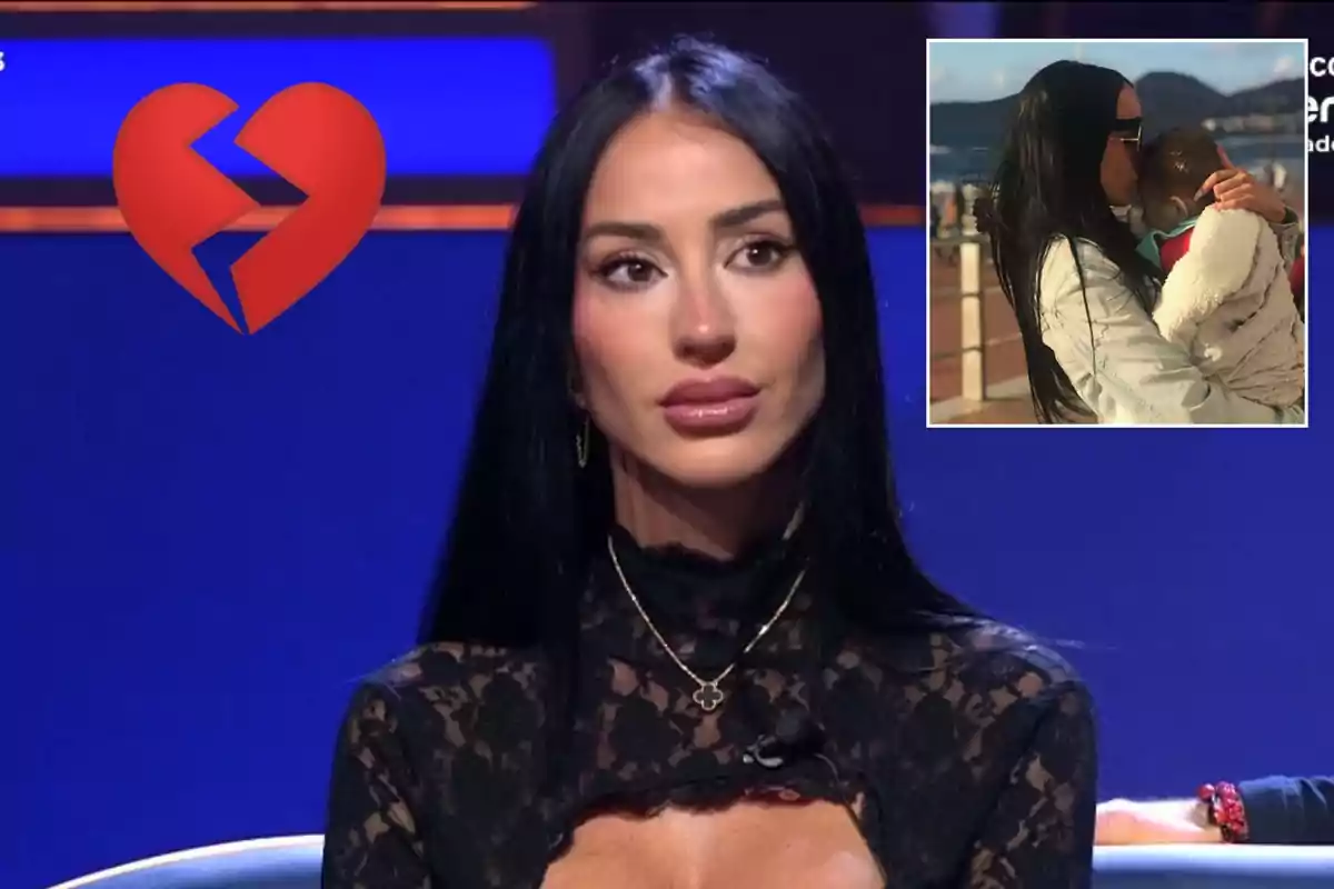 Mujer de cabello oscuro con expresión seria en un programa de televisión con un corazón roto y una imagen insertada de ella abrazando a un niño.