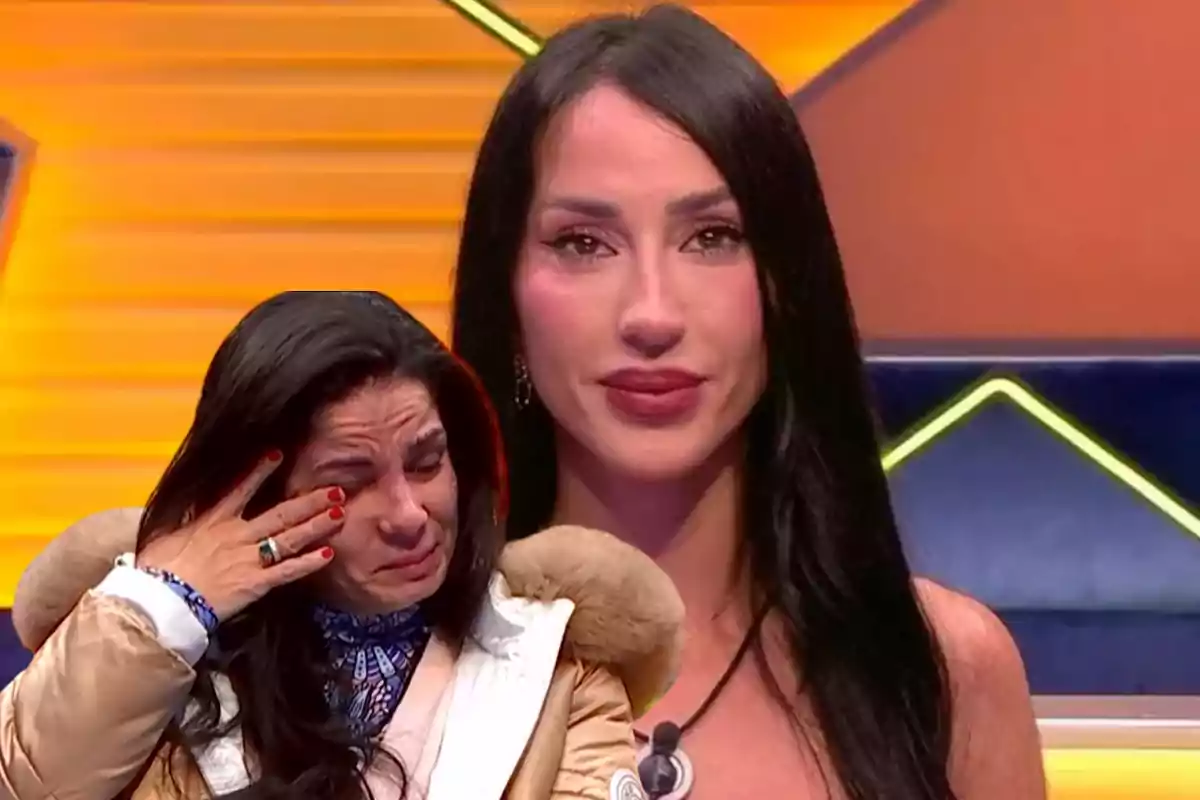 Dos mujeres en un programa de televisión, una de ellas llorando y la otra con expresión seria.