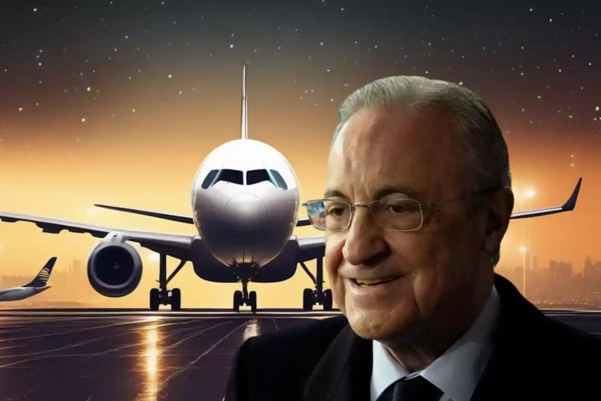 Un hombre con gafas y cabello canoso sonríe frente a un avión en una pista iluminada al atardecer con un cielo estrellado.