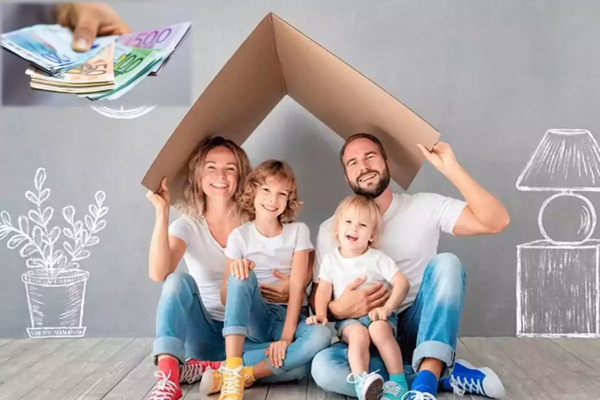 Una familia sonriente sentada en el suelo sostiene un techo de cartón sobre sus cabezas, mientras en la esquina superior izquierda se muestra una mano sosteniendo billetes de euro.