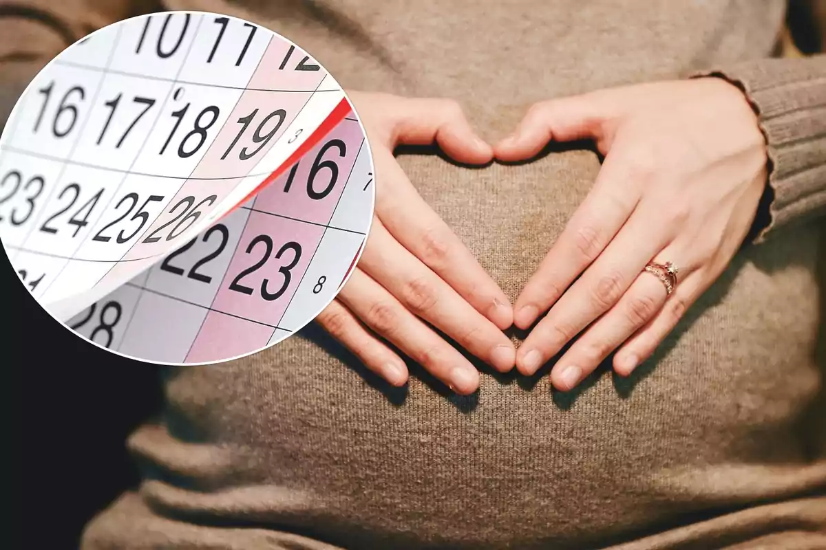 Mujer embarazada con las manos sobre su vientre y un calendario en primer plano.