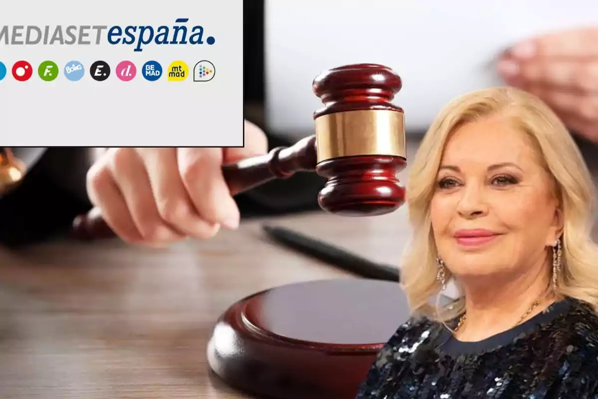 Una mujer rubia aparece junto a un mazo de juez y el logotipo de Mediaset España en un fondo que muestra varios iconos de canales de televisión.