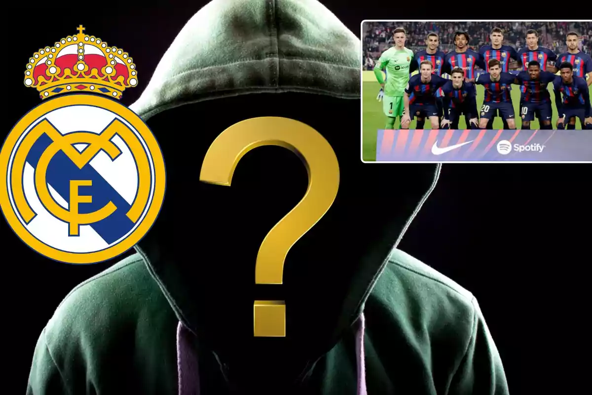 Persona con sudadera verde y signo de interrogación en el rostro, logo del Real Madrid a la izquierda y foto del equipo del FC Barcelona en la esquina superior derecha.