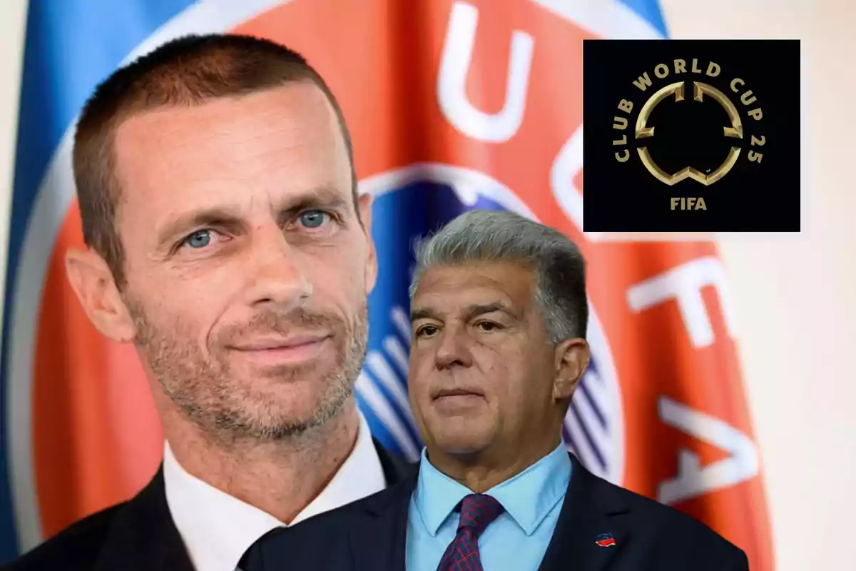 Dos hombres con traje posan frente a una bandera con el logo de la UEFA y en la esquina superior derecha aparece el logotipo del Mundial de Clubes 2025 de la FIFA