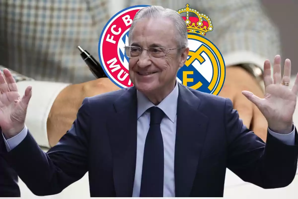 Hombre con traje sonriente levantando las manos, con los logotipos de FC Bayern Múnich y Real Madrid de fondo.