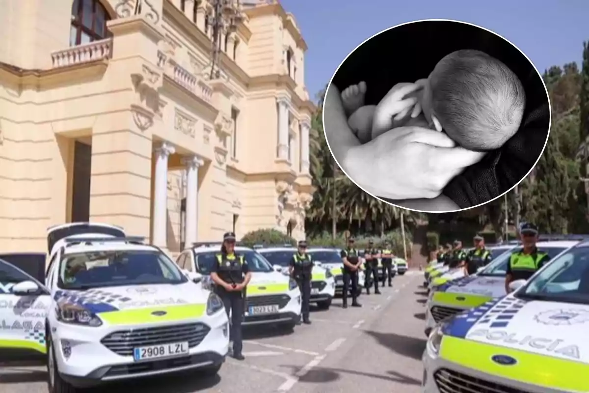 Una fila de coches de policía estacionados frente a un edificio histórico con varios agentes de pie junto a ellos y un recuadro en blanco y negro de un bebé siendo sostenido por una persona.