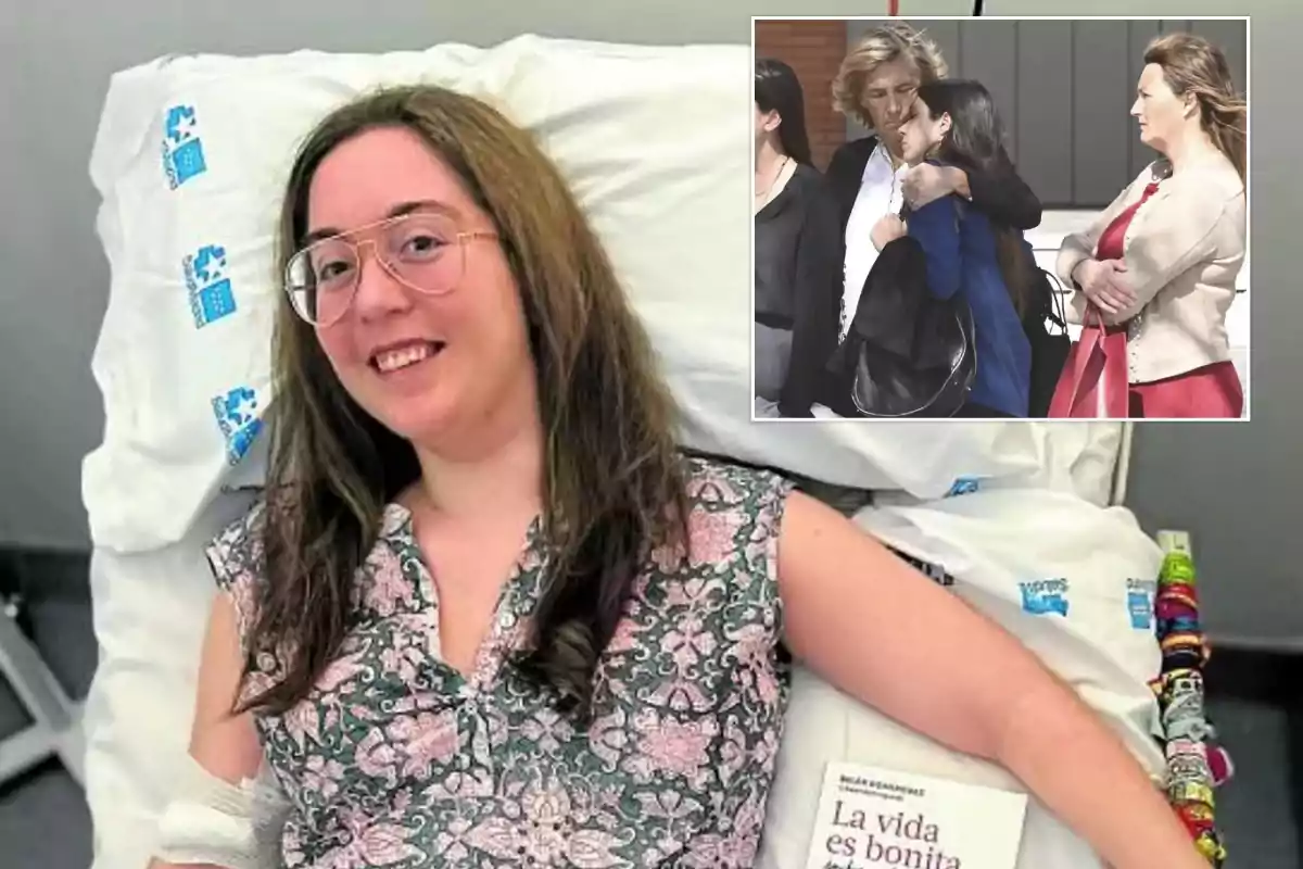 Una mujer sonriente está recostada en una cama de hospital con un libro titulado "La vida es bonita" a su lado; en la esquina superior derecha hay una imagen más pequeña de tres personas, dos de ellas abrazándose.