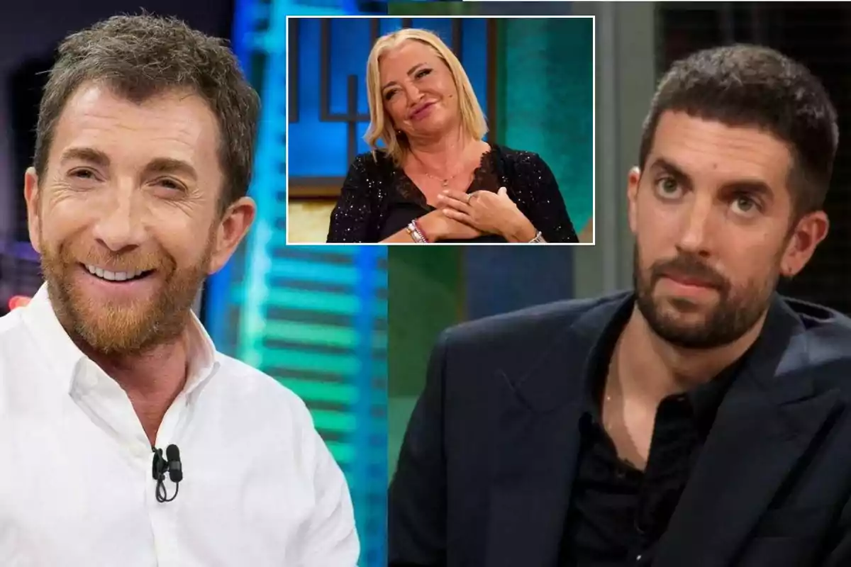 Dos hombres en un programa de televisión con una imagen insertada de una mujer sonriendo.