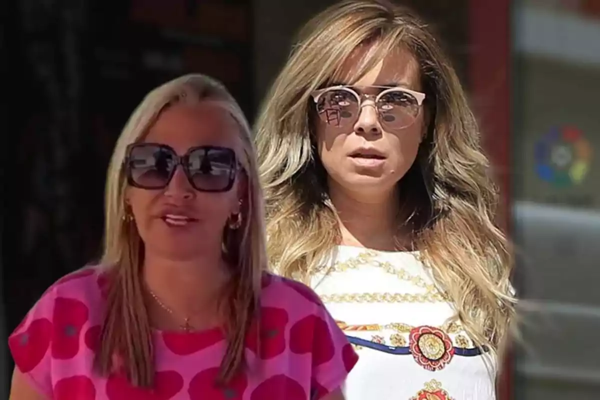 Dos mujeres con gafas de sol, una con una camiseta rosa con corazones y la otra con una blusa blanca con detalles dorados.