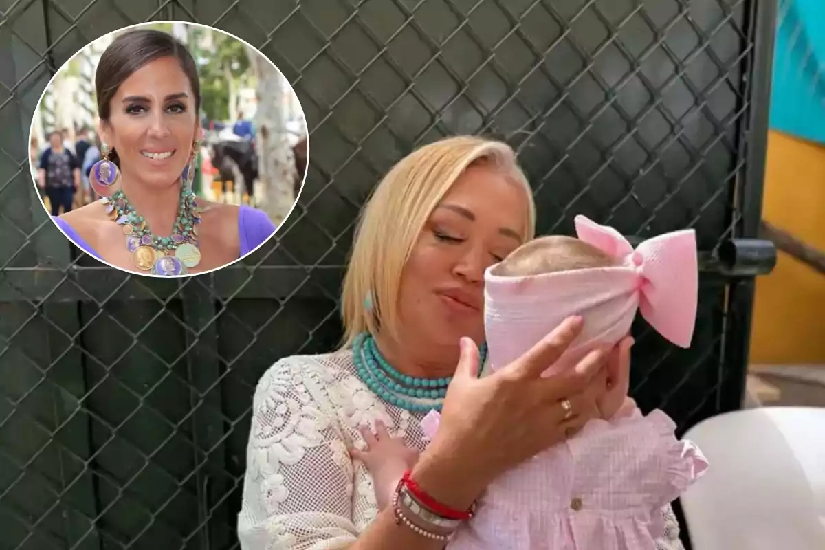 Una mujer rubia sostiene y acaricia a un bebé con un lazo rosa en la cabeza mientras sonríe con ternura; en un recuadro, aparece otra mujer con un vestido morado y un collar colorido.