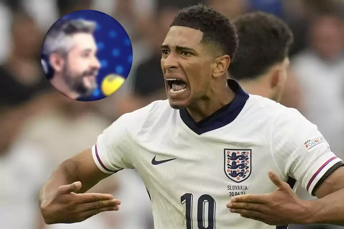 Un jugador de fútbol con la camiseta de Inglaterra celebra efusivamente mientras en el fondo se ve una imagen borrosa de un hombre con barba.