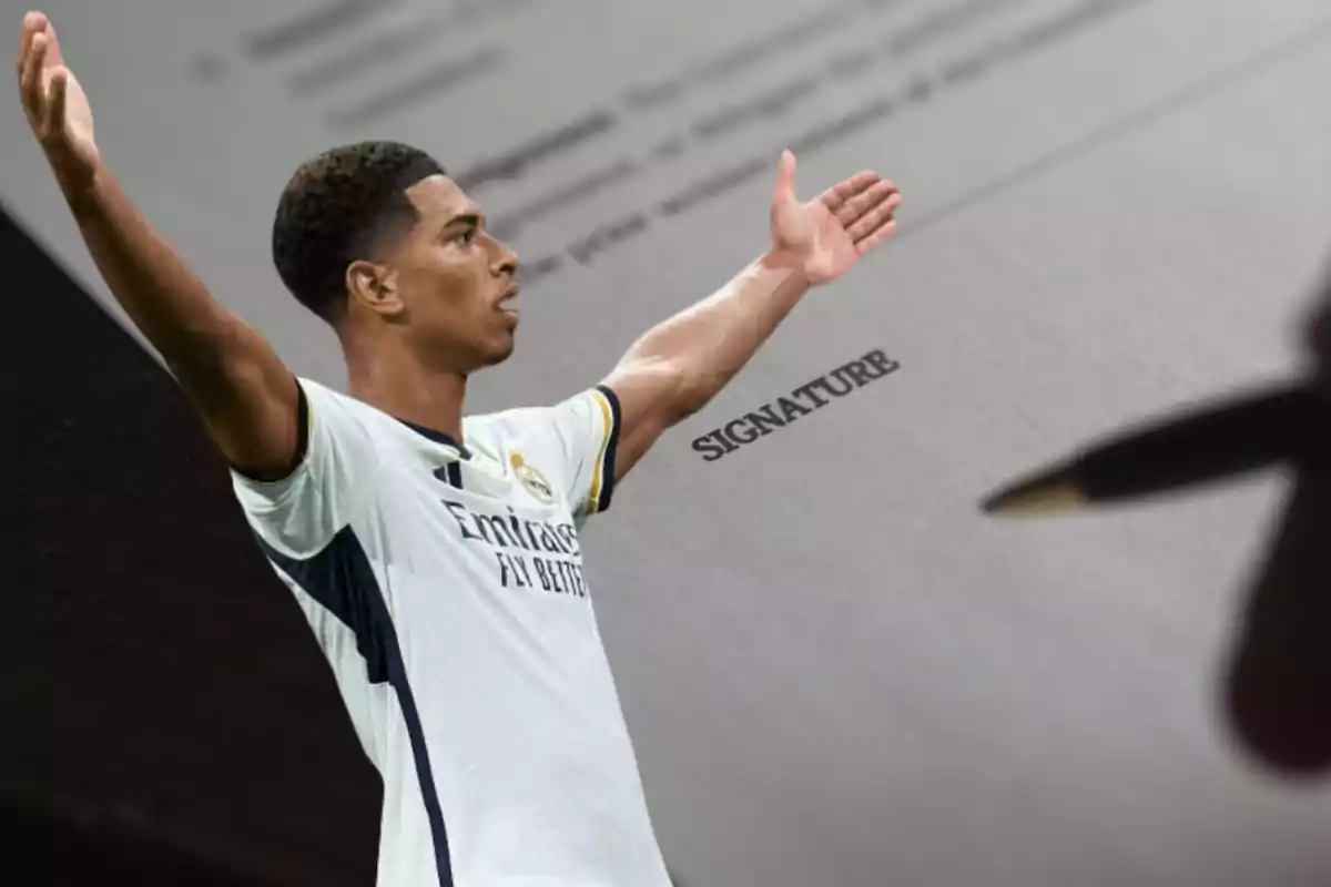 Un jugador de fútbol con los brazos extendidos superpuesto sobre una imagen de un documento con la palabra "SIGNATURE" y una mano sosteniendo una pluma.