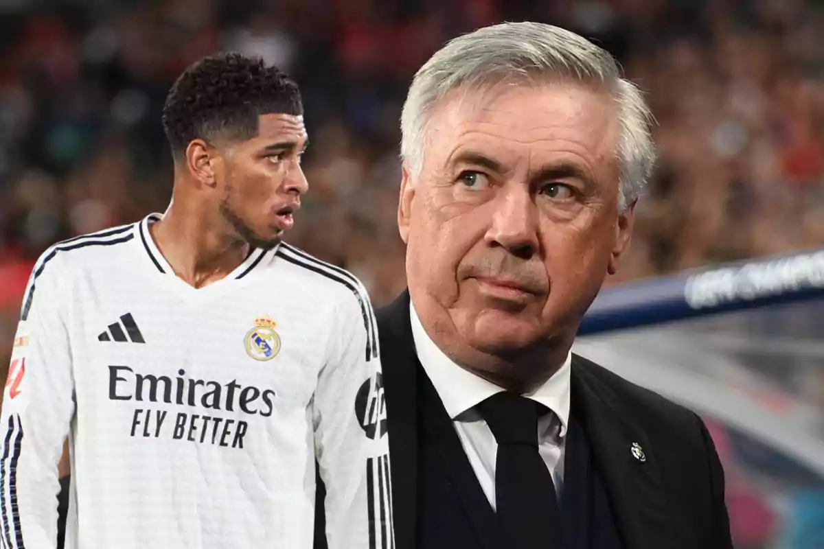 Un jugador del Real Madrid con la camiseta del equipo y un hombre mayor con traje y corbata en el fondo.