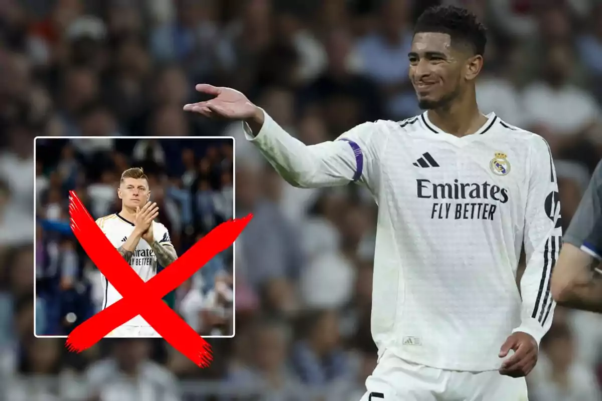 Un jugador de fútbol del Real Madrid con el uniforme blanco, con una imagen insertada de otro jugador del mismo equipo tachada con una X roja.