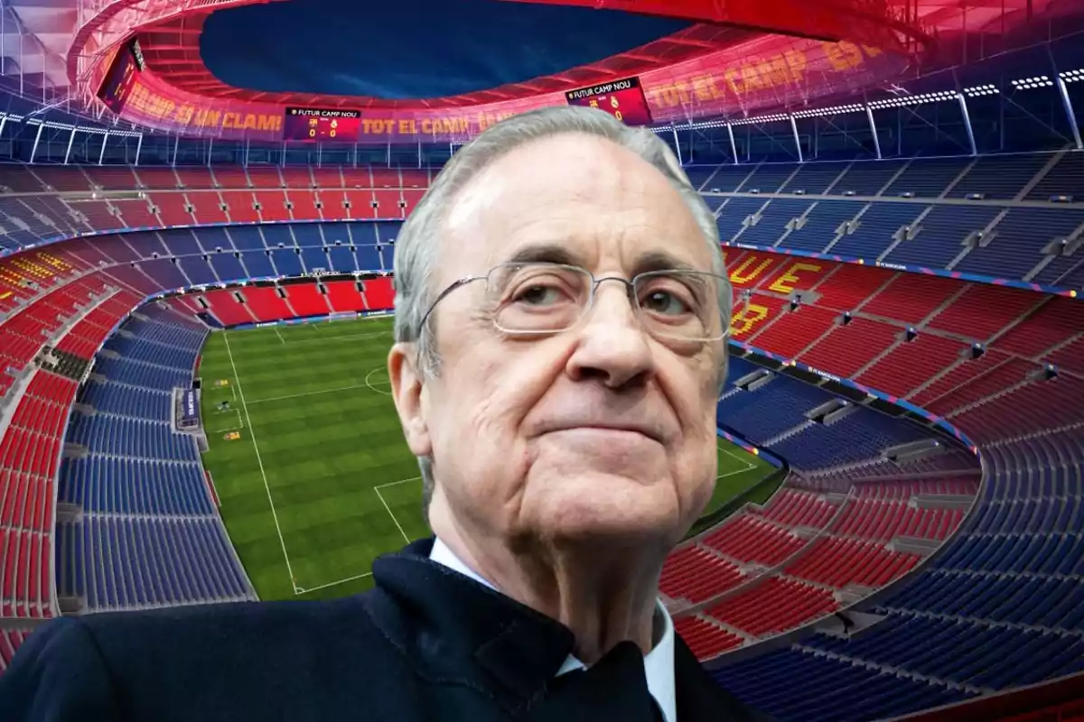 Florentino Pérez con fondo Camp Nou