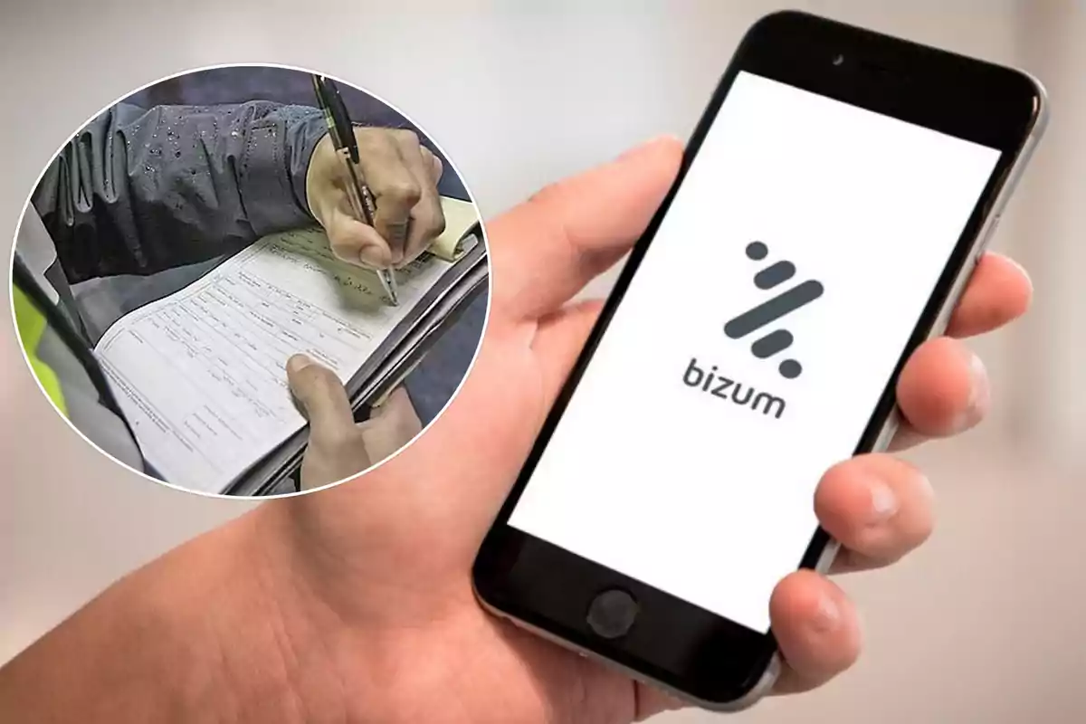 Una persona sosteniendo un teléfono móvil con la aplicación de Bizum abierta, junto a una imagen insertada de alguien escribiendo en un formulario.