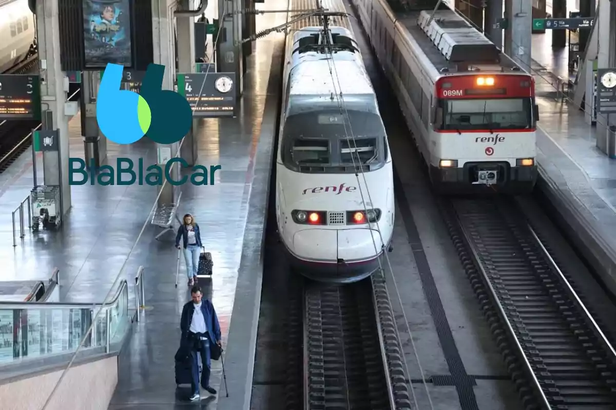 Dos trenes de Renfe en una estación con el logo de BlaBlaCar superpuesto y dos personas caminando con maletas.