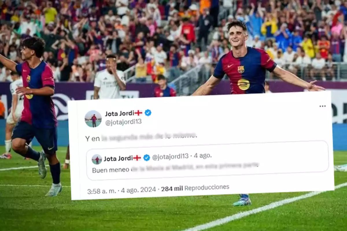 Jugadores del FC Barcelona celebran un gol en un partido, mientras se muestra un tuit de Jota Jordi comentando el desempeño del equipo.