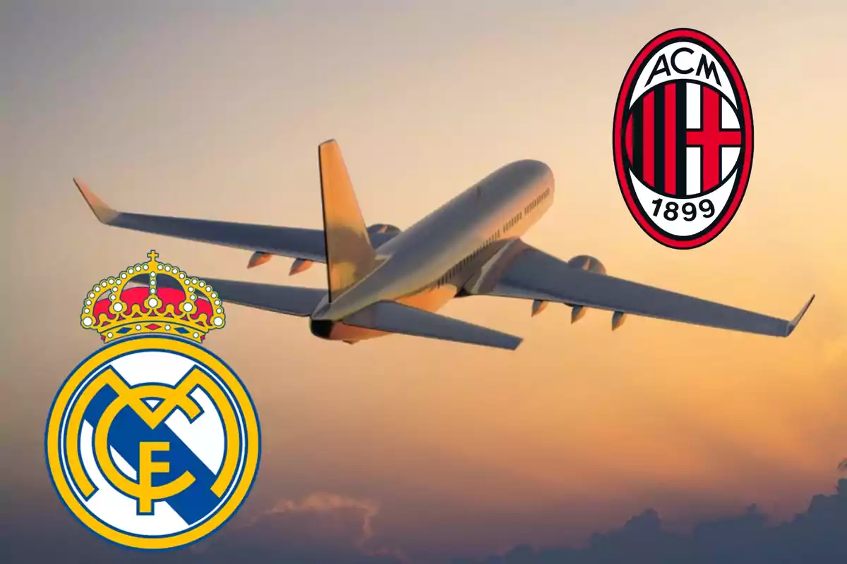 Un avión volando al atardecer con los escudos del Real Madrid y AC Milan.