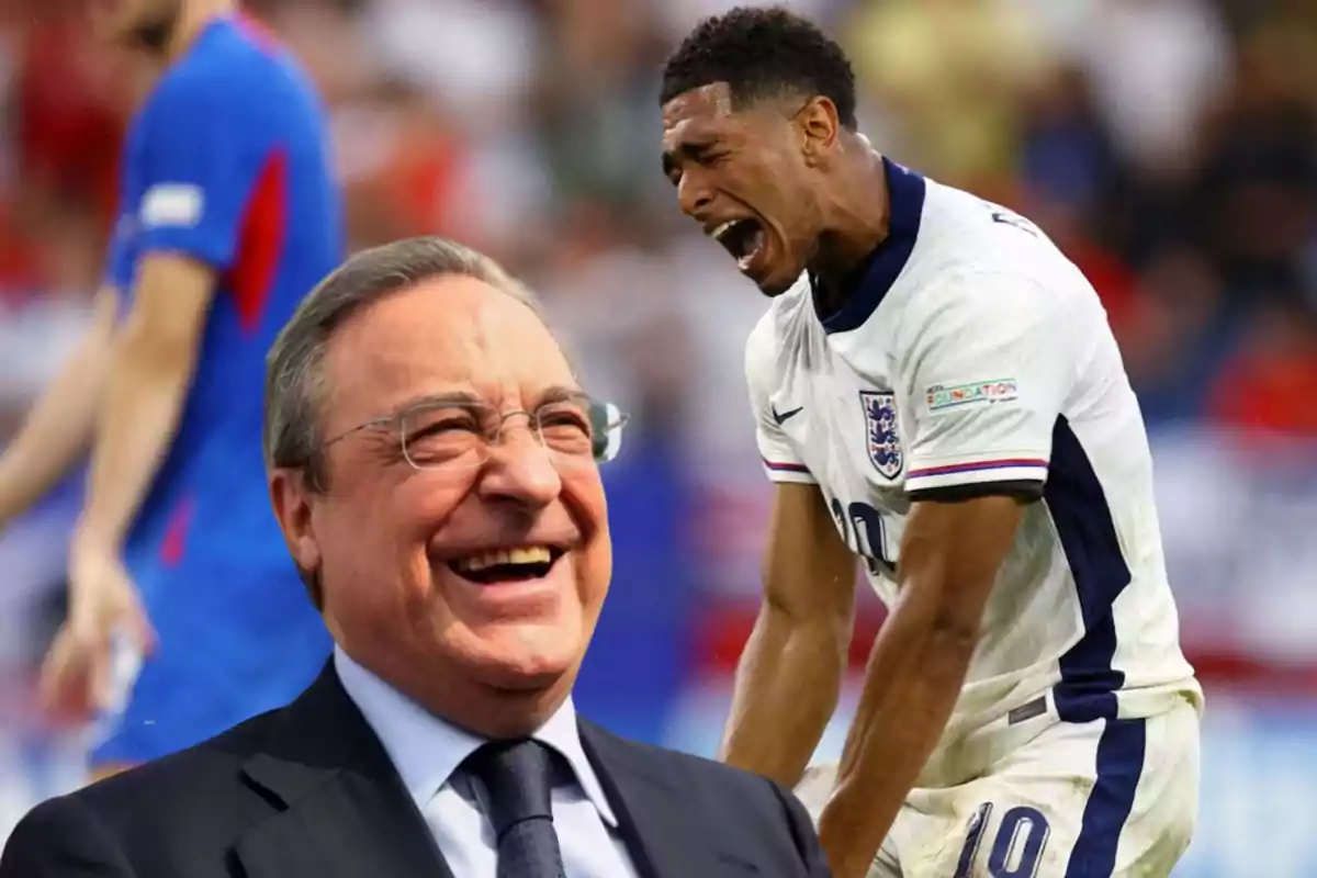 Un hombre mayor riendo y un jugador de fútbol celebrando en el campo.