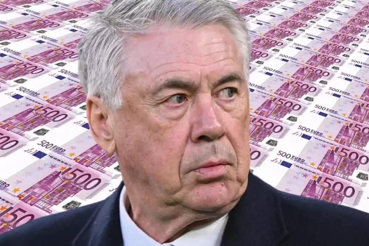 Carlo Ancelotti frente a un fondo de billetes de 500 euros.