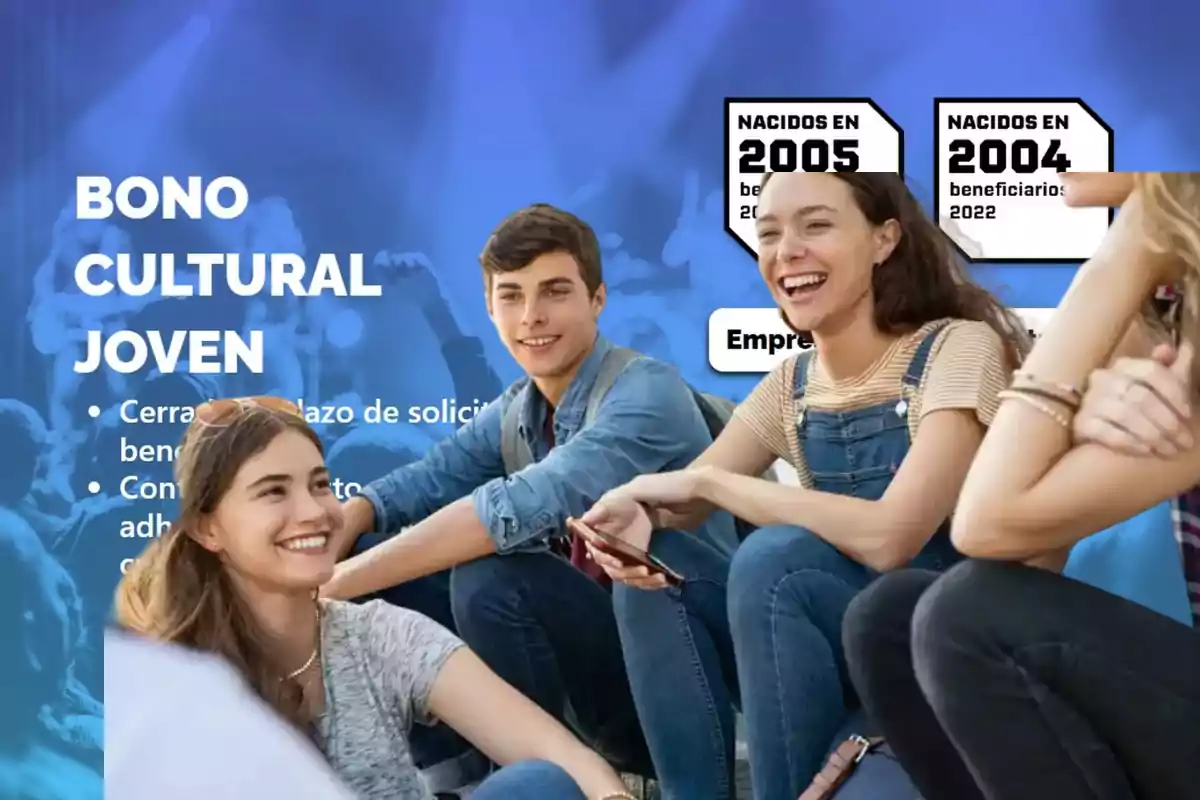 Jóvenes sentados y sonriendo con un fondo azul que anuncia el Bono Cultural Joven y menciona a los nacidos en 2004 y 2005 como beneficiarios.