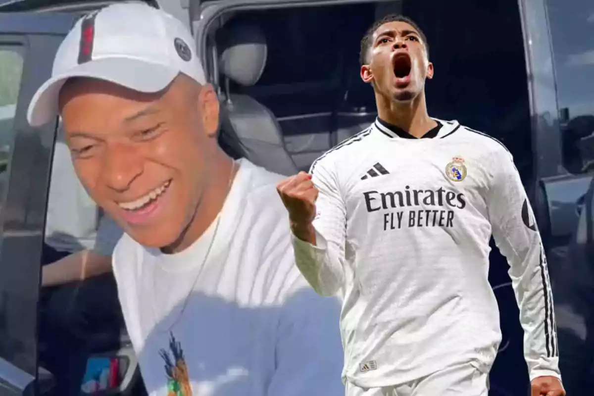 Un hombre sonriente con gorra blanca junto a otro hombre con uniforme de fútbol blanco celebrando.