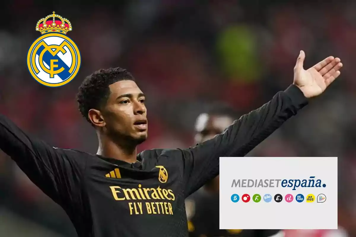 Jugador de fútbol del Real Madrid con los brazos extendidos, logo del Real Madrid en la esquina superior izquierda y logo de Mediaset España en la esquina inferior derecha.