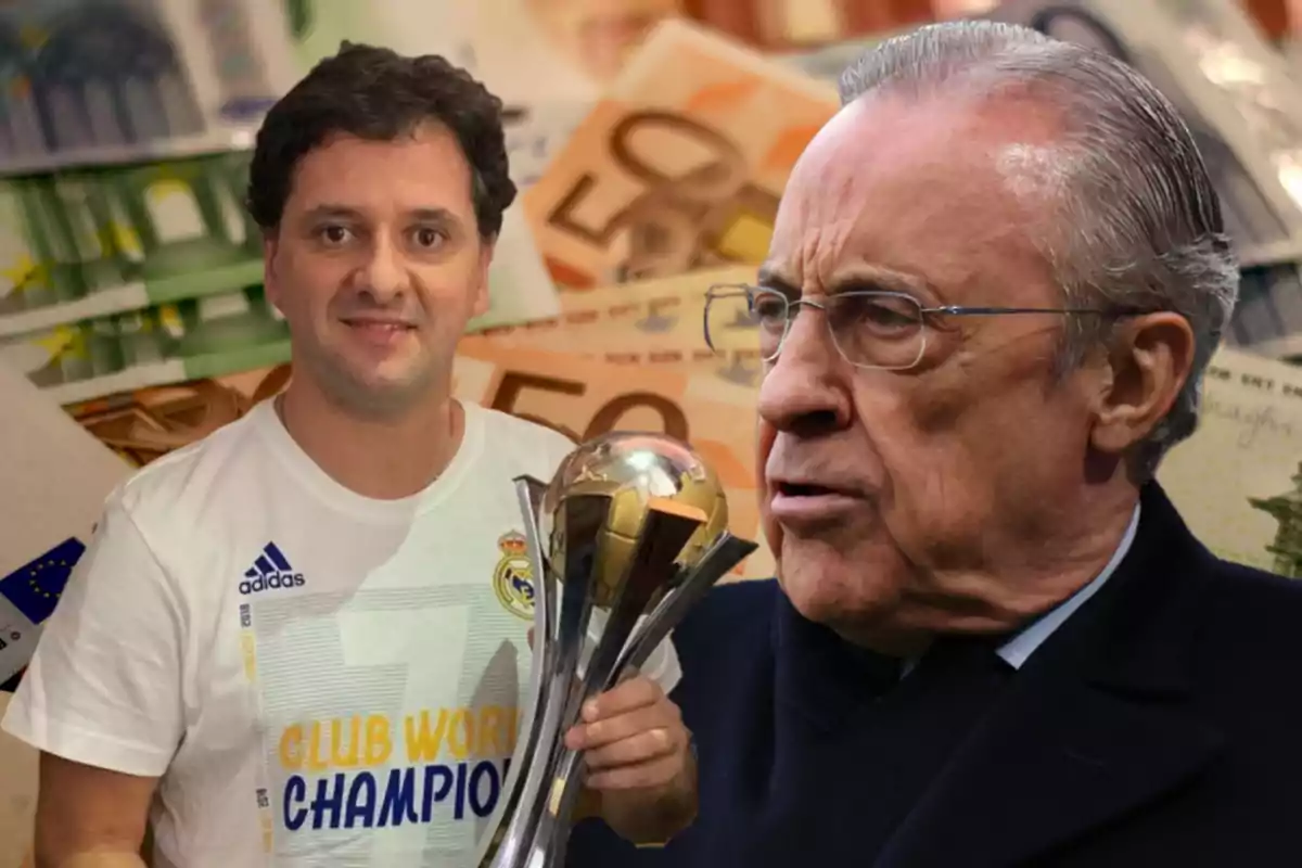 Dos hombres, uno con una camiseta del Real Madrid sosteniendo un trofeo y otro con gafas, con billetes de euro de fondo.