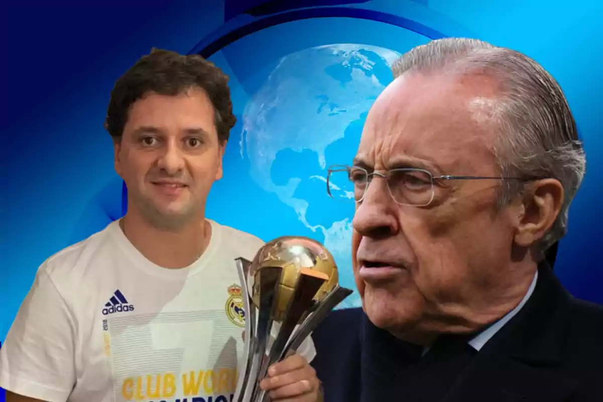 Dos hombres, uno con una camiseta del Real Madrid sosteniendo un trofeo y otro con gafas y traje, con un fondo azul que muestra un globo terráqueo.