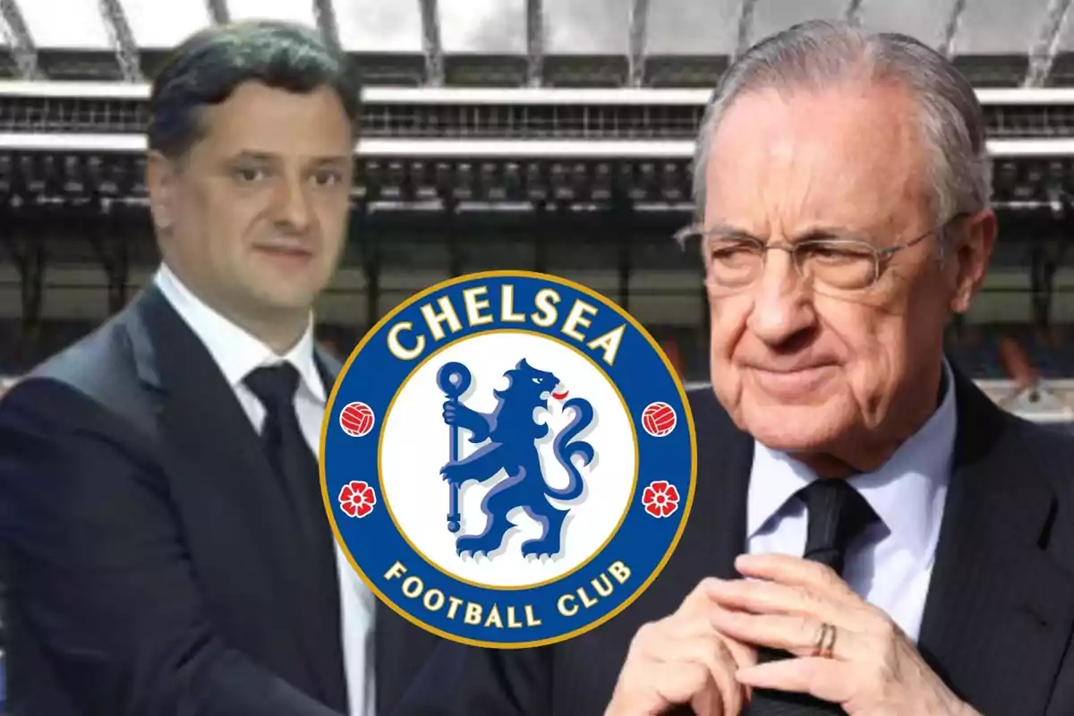 Juni Calafat y Florentino Pérez y escudo del Chelsea