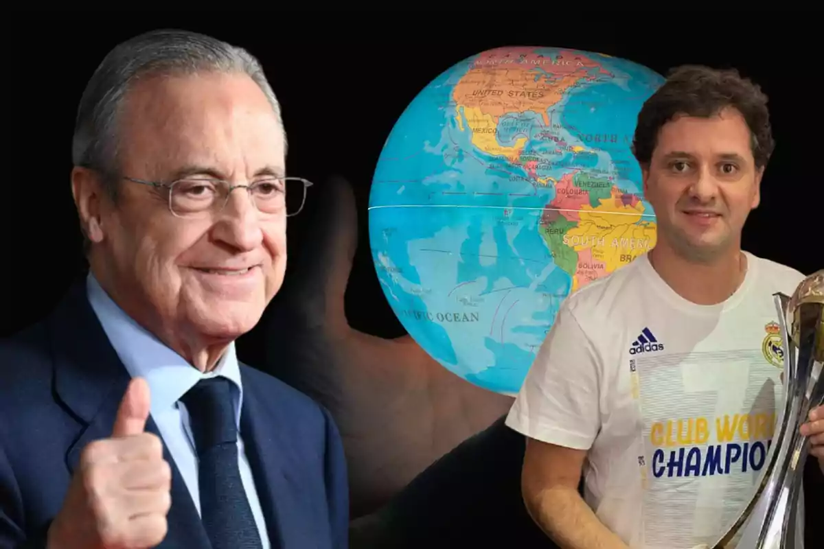 Dos hombres posan frente a un fondo de un globo terráqueo, uno de ellos con un trofeo y una camiseta de campeón del mundo de clubes.