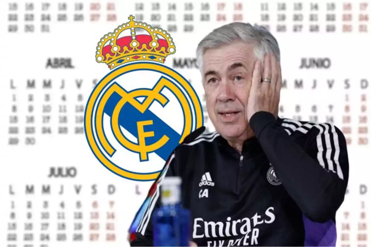 Un entrenador de fútbol en una conferencia de prensa con el logo del Real Madrid y un calendario de fondo.