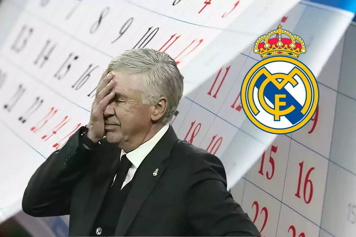 Un hombre con traje se cubre el rostro con la mano frente a un calendario gigante y el escudo del Real Madrid.