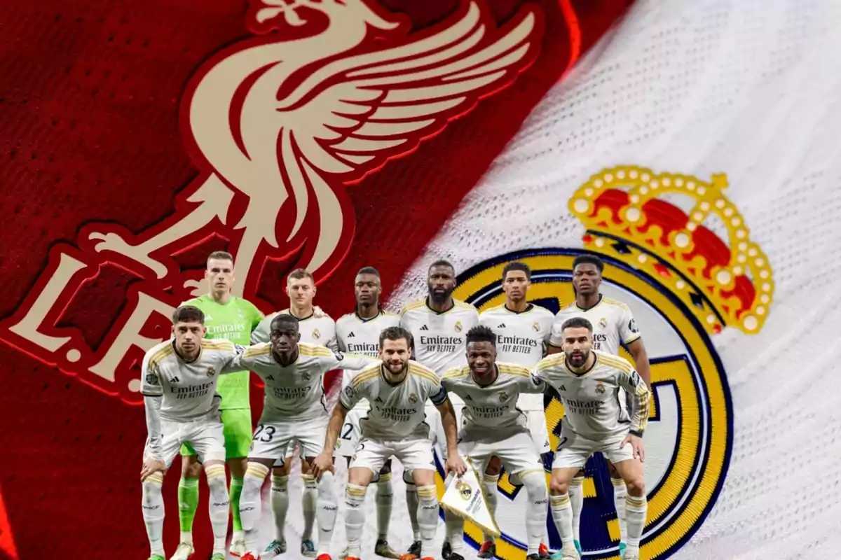 Jugadores del Real Madrid posando frente a los escudos de Liverpool y Real Madrid.