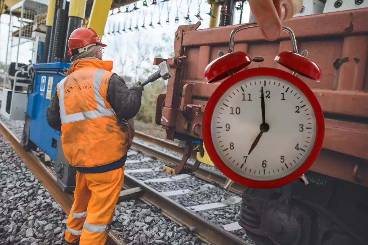 Un trabajador ferroviario con casco y chaleco naranja sostiene una herramienta cerca de un vagón mientras una mano sostiene un reloj despertador rojo en primer plano.