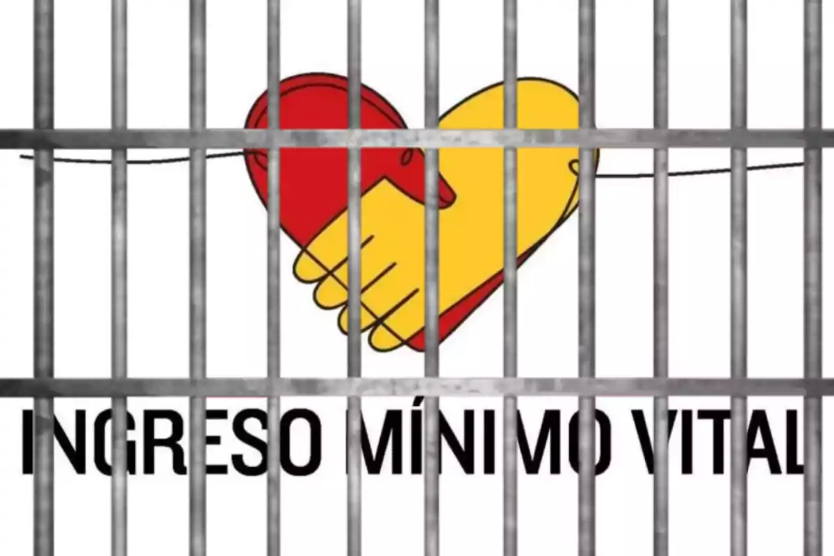 Un corazón formado por dos manos de diferentes colores detrás de rejas con el texto "INGRESO MÍNIMO VITAL"