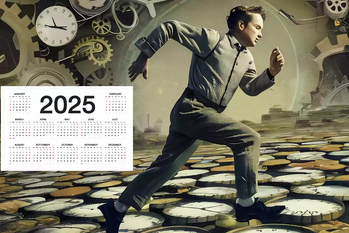 Un hombre corre sobre un camino hecho de relojes mientras un calendario del año 2025 aparece en la esquina de la imagen.