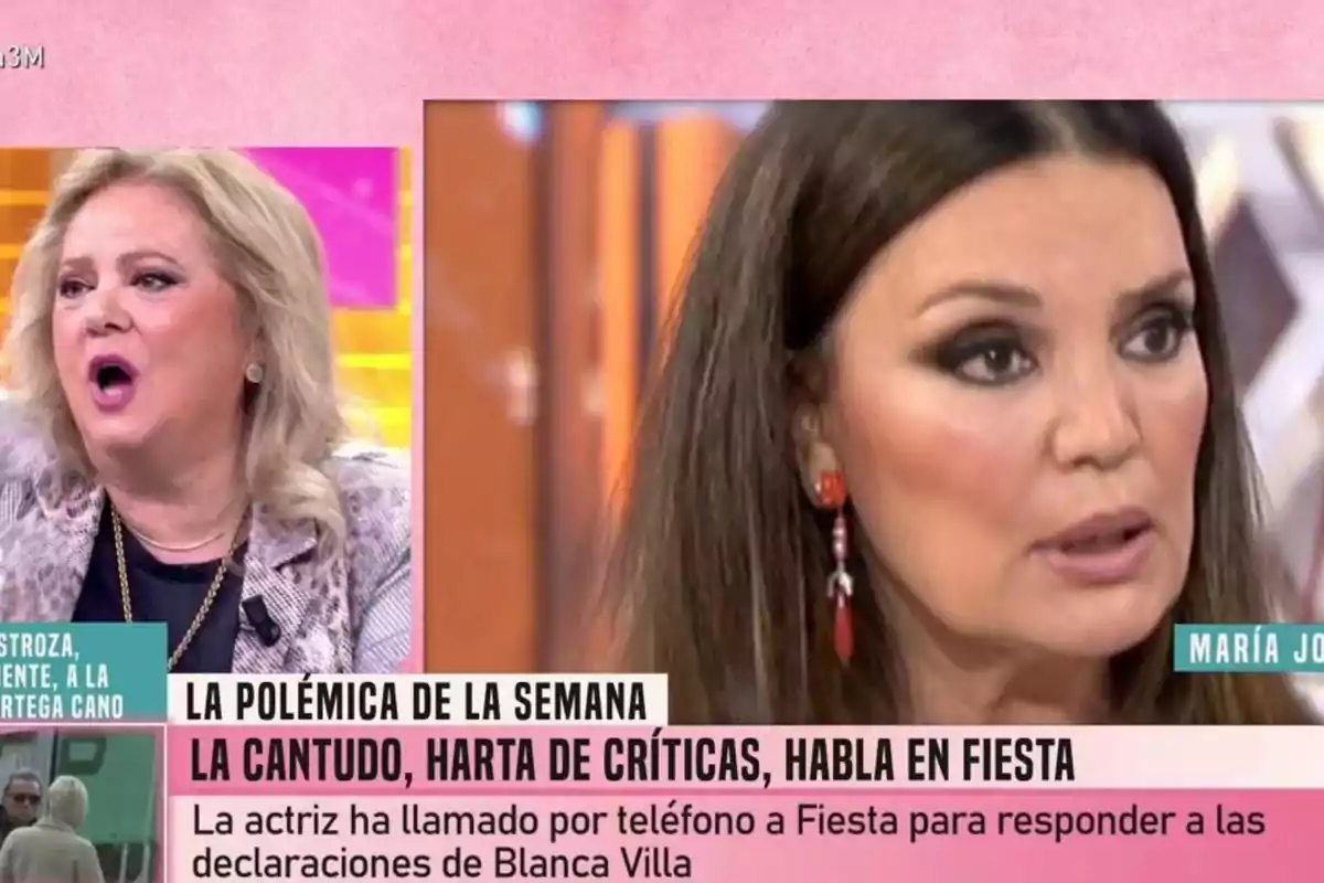 Dos mujeres aparecen en un programa de televisión discutiendo sobre una polémica reciente, con texto en pantalla que menciona críticas y una llamada telefónica para responder a declaraciones. Dos mujeres aparecen en un programa de televisión discutiendo sobre una polémica reciente, con texto en pantalla que menciona críticas y una llamada telefónica para responder a declaraciones.