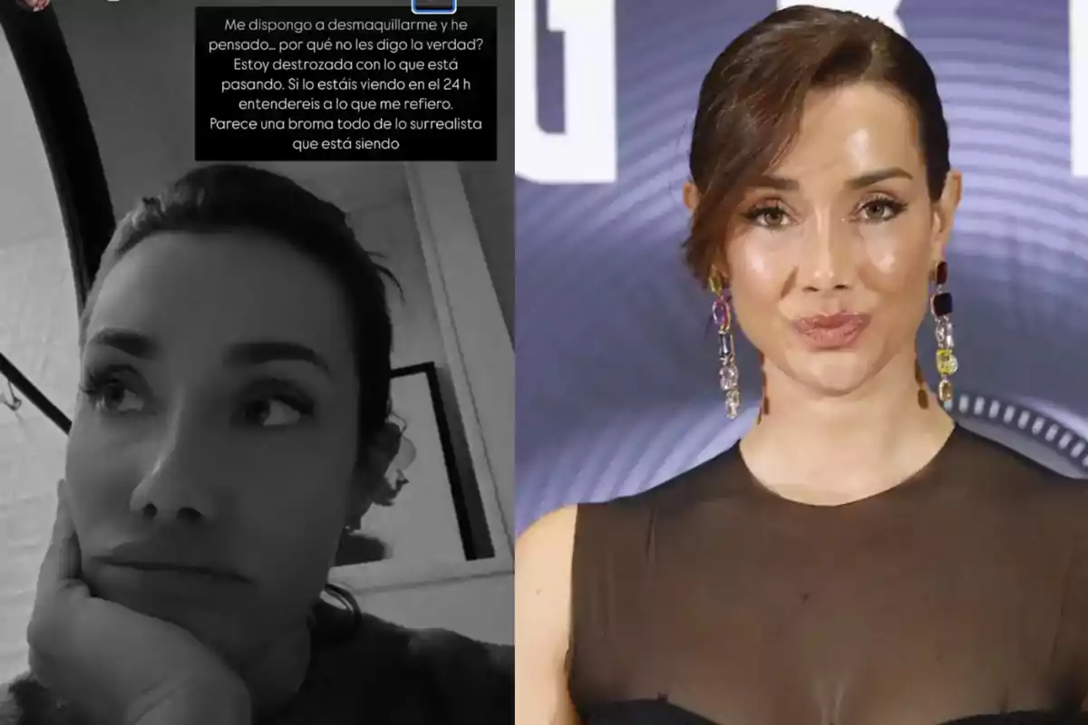 Una mujer aparece en dos imágenes, una en blanco y negro donde está pensativa y otra en color donde está posando con un vestido elegante y pendientes llamativos. Una mujer aparece en dos imágenes, una en blanco y negro donde está pensativa y otra en color donde está posando con un vestido elegante y pendientes llamativos.