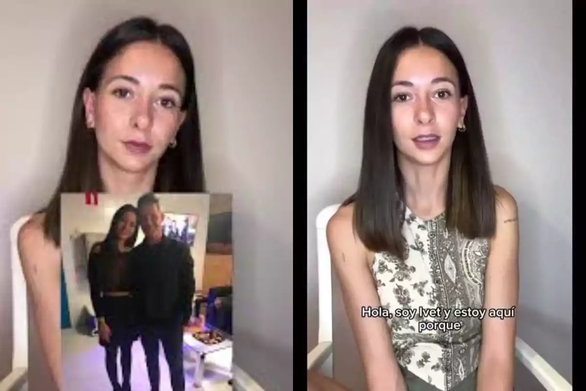 Mujer joven de cabello lacio y oscuro sentada en una silla, en la imagen de la izquierda sostiene una foto de dos personas y en la imagen de la derecha aparece con un vestido estampado y un texto que dice Hola soy Ivet y estoy aquí porque Mujer joven de cabello lacio y oscuro sentada en una silla, en la imagen de la izquierda sostiene una foto de dos personas y en la imagen de la derecha aparece con un vestido estampado y un texto que dice Hola soy Ivet y estoy aquí porque