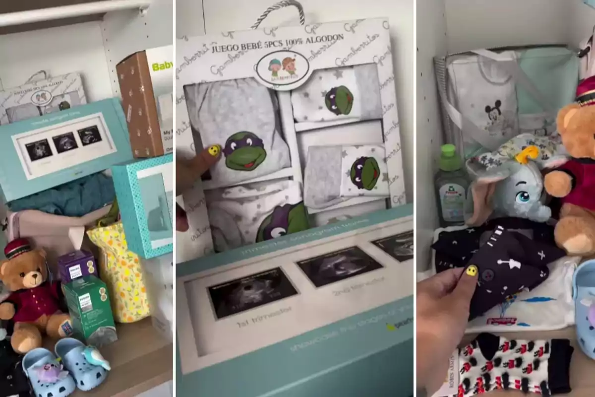Imagen de un estante con varios artículos para bebé, incluyendo ropa, juguetes de peluche, un marco para ecografías y productos de cuidado infantil. Imagen de un estante con varios artículos para bebé, incluyendo ropa, juguetes de peluche, un marco para ecografías y productos de cuidado infantil.