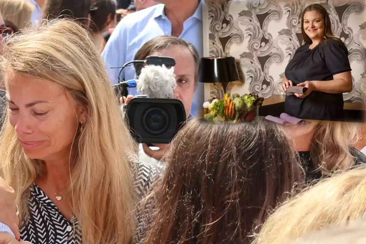 Una mujer rubia con expresión triste está rodeada de personas, mientras un camarógrafo la graba; en la esquina superior derecha, una mujer sonriente está de pie junto a una mesa con verduras.